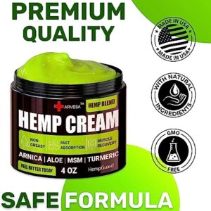 Natural Hemp Cream for Muscles, Joints, Back, Knees, Neck, Fingers, Elbows - High Strength Hemp Oil Extract with Arnica, Emu Oil, Turmeric - Made in The USA