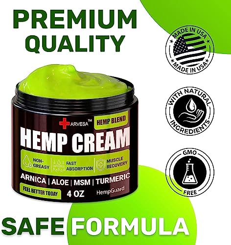 Natural Hemp Cream for Muscles, Joints, Back, Knees, Neck, Fingers, Elbows - High Strength Hemp Oil Extract with Arnica, Emu Oil, Turmeric - Made in The USA