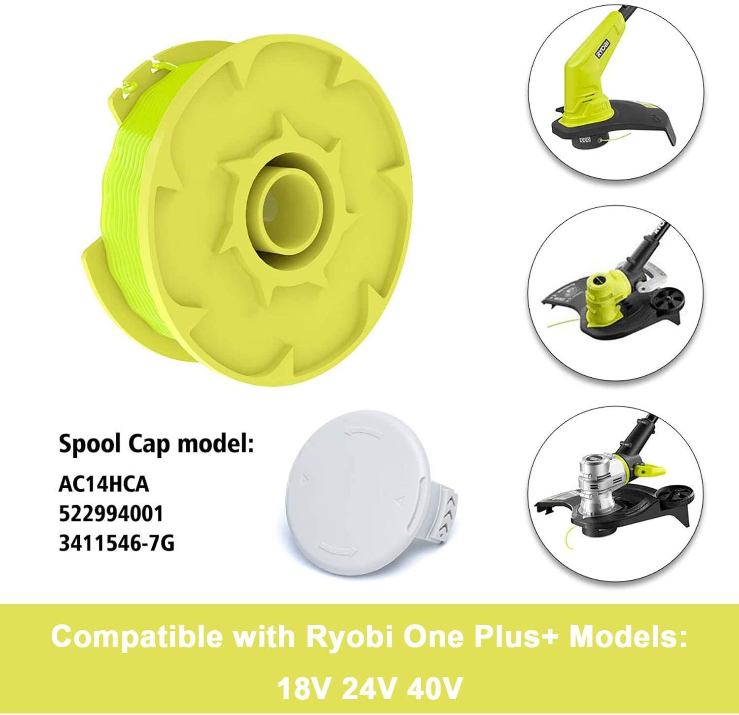 Eyoloty AC80RL3 11ft 0.080" Replacement Trimmer Spool for Ryobi One Plus 18v 24v and 40v Cordless Trimmers Line Refills Weed Wacker Auto-Feed Twist Single Line Parts(6 Spool,1Cap)