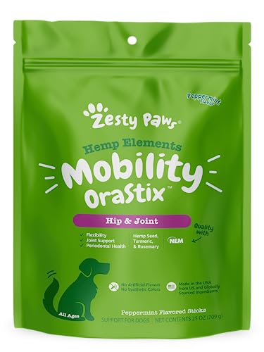 Zesty Paws OraStix for Dogs - Hip & Joint Mobility Sticks with Hemp Seed Curcumin Eggshell Membrane Taurine Support for HIPS Joints Cartilage Health Proprietary Healthy Teeth Gum Blend 25oz