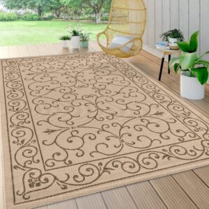 jonathan y smb106a-8 charleston vintage filigree textured weave indoor outdoor area rug classic coastal easy cleaning bedroom kitchen backyard patio non shedding, 8 x 10, beige/brown