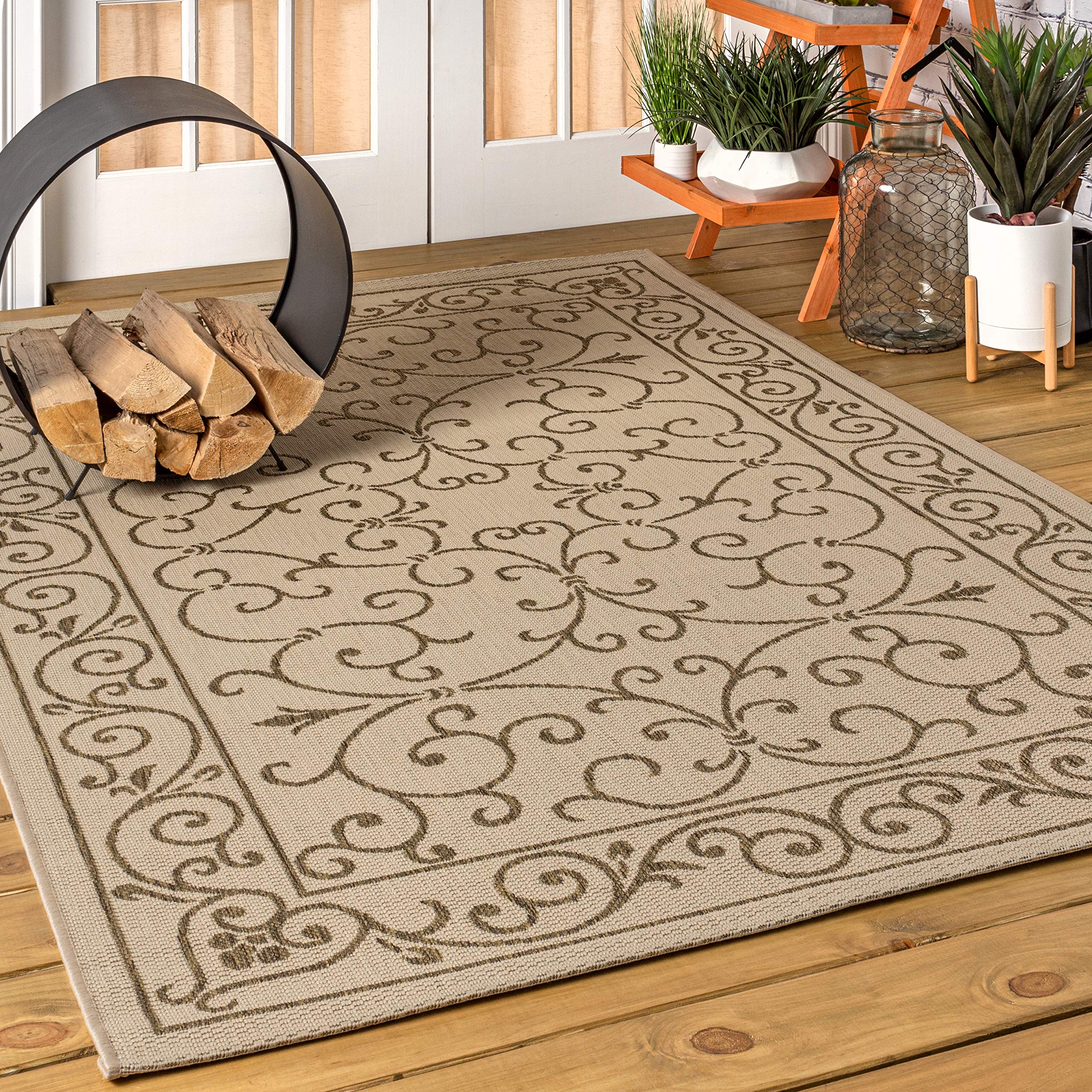 JONATHAN Y SMB106A-8 Charleston Vintage Filigree Textured Weave Indoor Outdoor Area Rug Classic Coastal Easy Cleaning Bedroom Kitchen Backyard Patio Non Shedding, 8 X 10, Beige/Brown