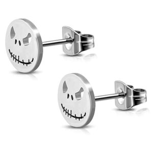 siispri stainless steel black/silver jack skellington cut-out round circle button stud post earrings（10mm） (silverer0026)