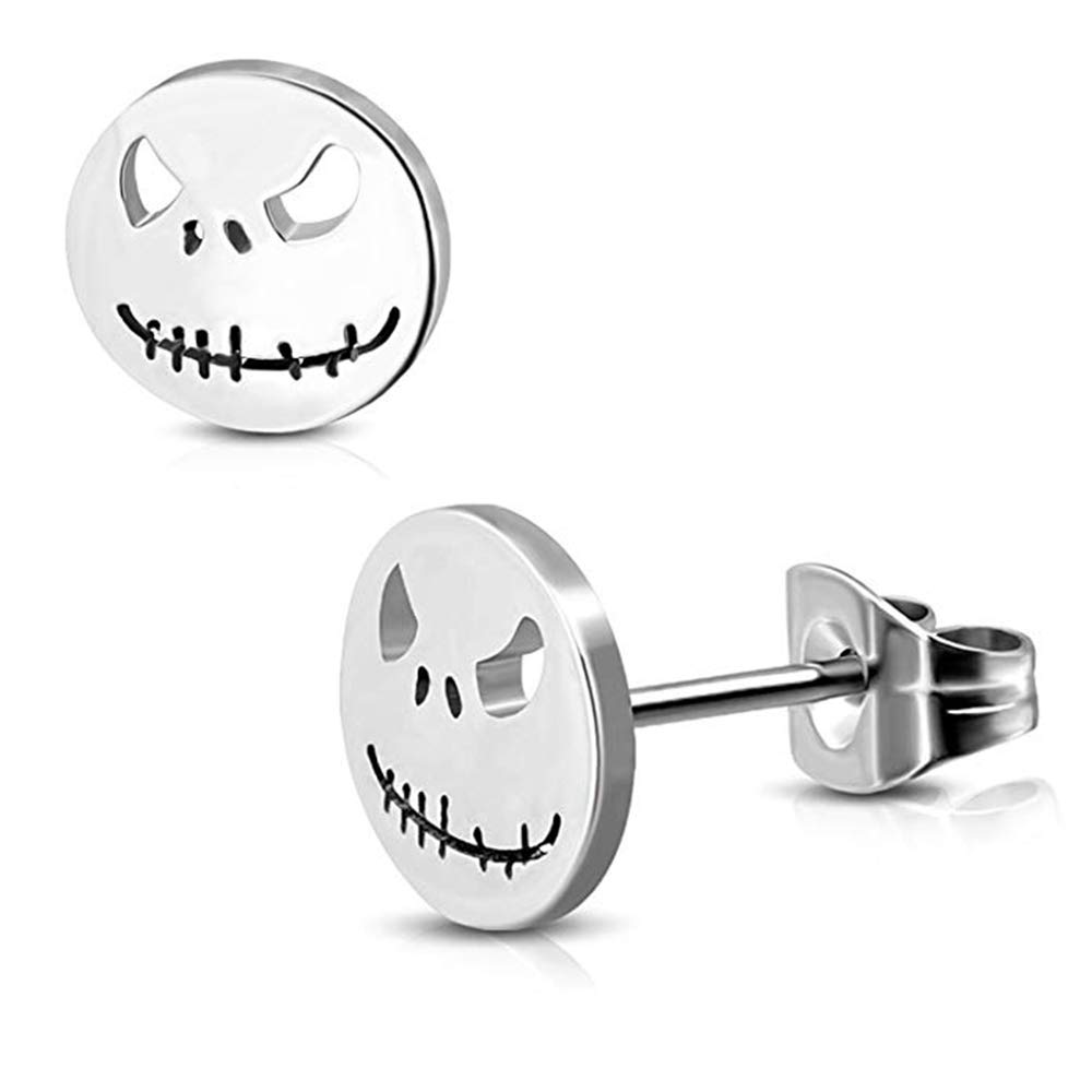 SIISPRI Stainless Steel Black/Silver Jack Skellington Cut-Out Round Circle Button Stud Post Earrings（10mm） (SilverER0026)