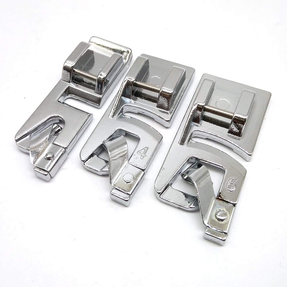 HONEYSEW 3PCS Narrow Rolled Hem Presser Foot Sewing Machine Roll Roller Hemmer Press Feet 3MM,4MM,6MM Hemming Foot for Kit for Low Shank Sewing Machine, Singer, BabyLock, Brother etc.