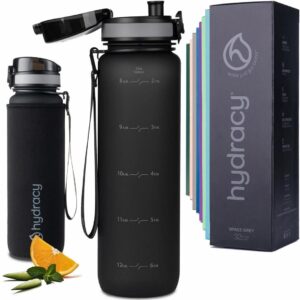 Hydracy 32 oz Motivational Water Bottle with Time Marker, 1 Liter Water Jug, Reusable Gym Water Bottle With Strap, Leak Proof Chug Lid, Bike Bottle with Fruit Infusion Strainer, Ideal Gift