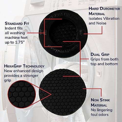 Anti Vibration Pads for Washing Machine with HexaGrip - Stops Washer Dryer Moving, Walking - Prevents Noise, Vibration Transfer - Rubber Antivibration Stabilizer Support Feet Mat - VIBRASHIELD 4 Pack