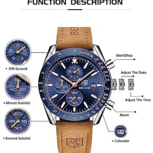 BY BENYAR Mens Analog Quartz Chronograph Waterproof Luminous Leather Watch Business, Work, Sport, Casual, Fashion - Elegant Gift for Men