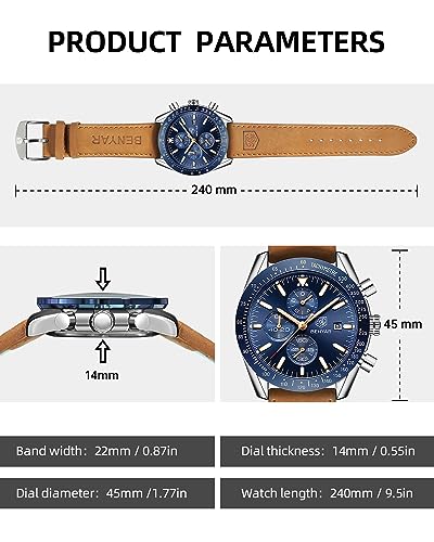 BY BENYAR Mens Analog Quartz Chronograph Waterproof Luminous Leather Watch Business, Work, Sport, Casual, Fashion - Elegant Gift for Men