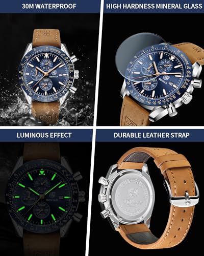 BY BENYAR Mens Analog Quartz Chronograph Waterproof Luminous Leather Watch Business, Work, Sport, Casual, Fashion - Elegant Gift for Men