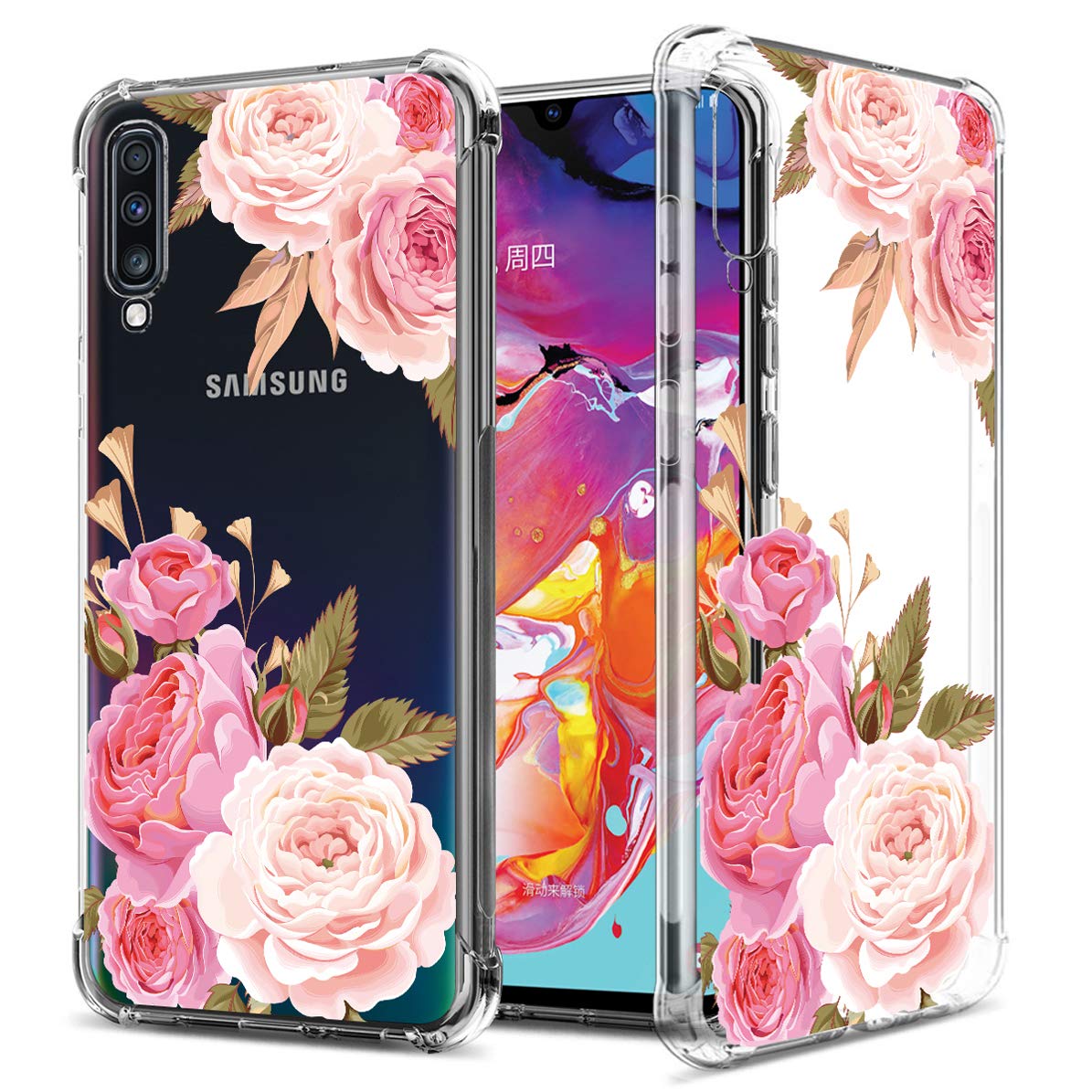 GREATRULY Floral Clear Case for Galaxy A70 for Women Girls,Pretty Phone Case for Samsung Galaxy A70 (2019),Flower Design Transparent Slim Soft Drop Proof TPU Bumper Cushion Silicone Cover Shell,FL-K