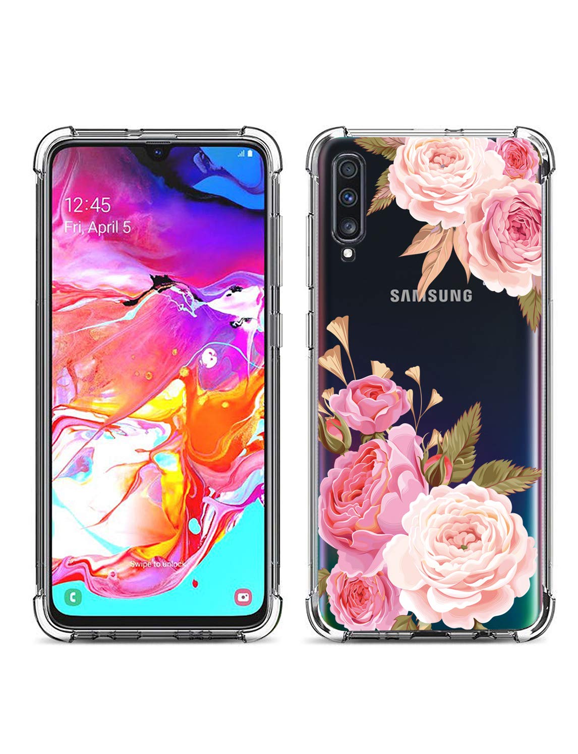 GREATRULY Floral Clear Case for Galaxy A70 for Women Girls,Pretty Phone Case for Samsung Galaxy A70 (2019),Flower Design Transparent Slim Soft Drop Proof TPU Bumper Cushion Silicone Cover Shell,FL-K