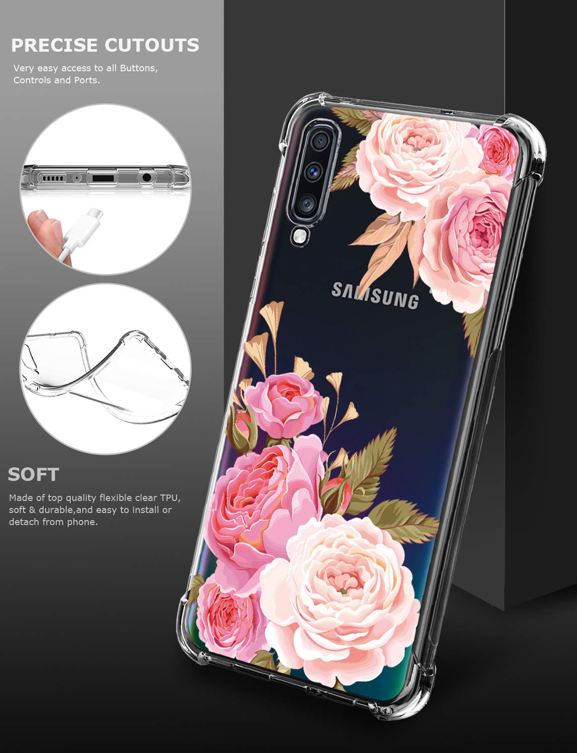 GREATRULY Floral Clear Case for Galaxy A70 for Women Girls,Pretty Phone Case for Samsung Galaxy A70 (2019),Flower Design Transparent Slim Soft Drop Proof TPU Bumper Cushion Silicone Cover Shell,FL-K