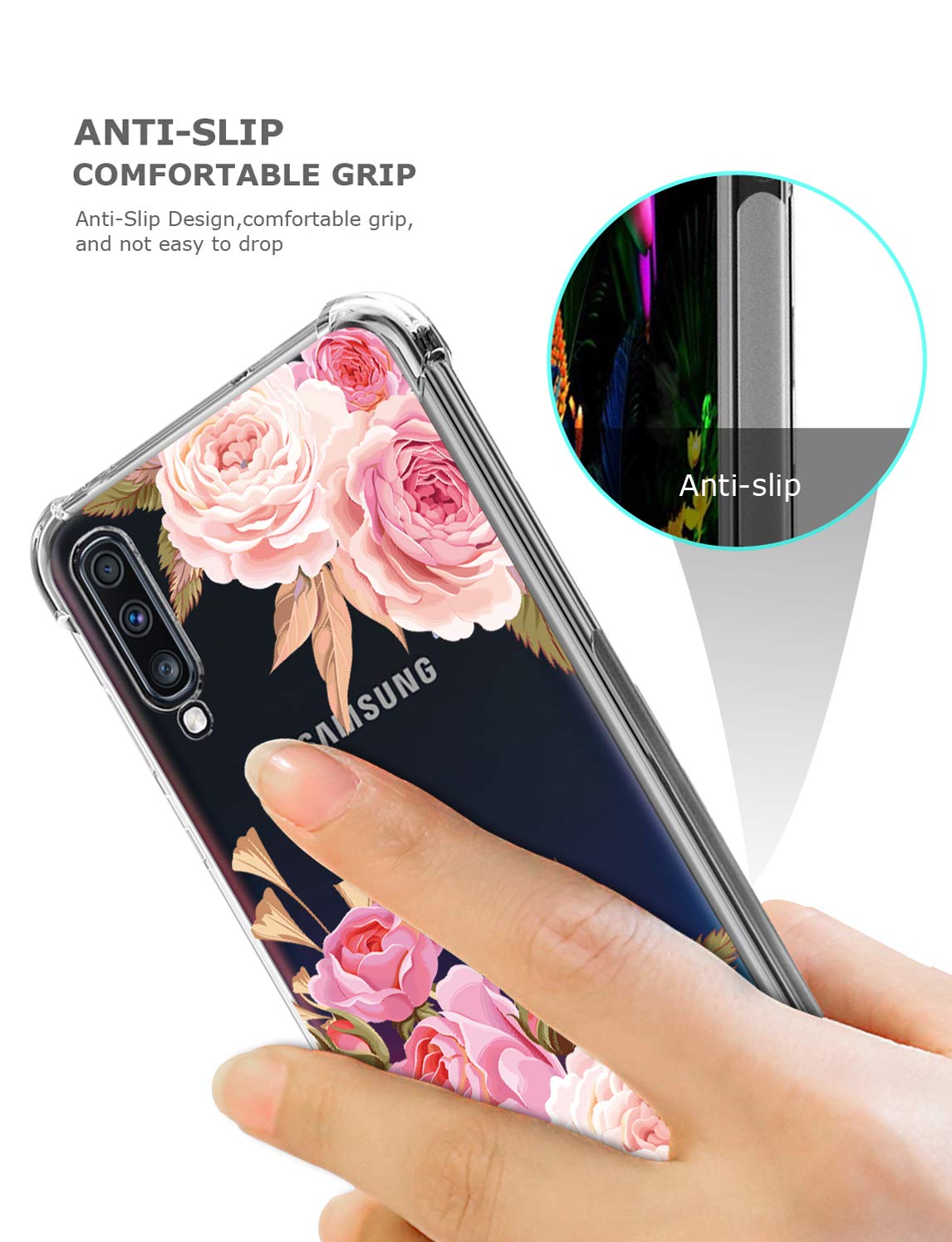 GREATRULY Floral Clear Case for Galaxy A70 for Women Girls,Pretty Phone Case for Samsung Galaxy A70 (2019),Flower Design Transparent Slim Soft Drop Proof TPU Bumper Cushion Silicone Cover Shell,FL-K