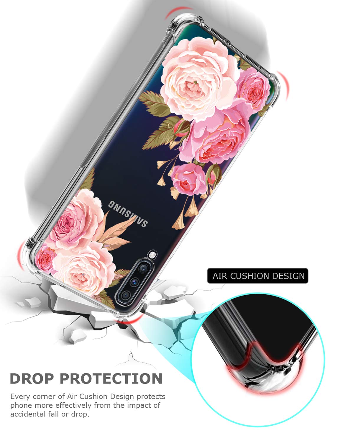 GREATRULY Floral Clear Case for Galaxy A70 for Women Girls,Pretty Phone Case for Samsung Galaxy A70 (2019),Flower Design Transparent Slim Soft Drop Proof TPU Bumper Cushion Silicone Cover Shell,FL-K