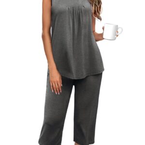 Ekouaer Capri Pajama Sets for Women 2 Piece Soft Cute Pjs Round Neck Sleeveless Lounge Set for Summer Sleepwear Dark Grey M