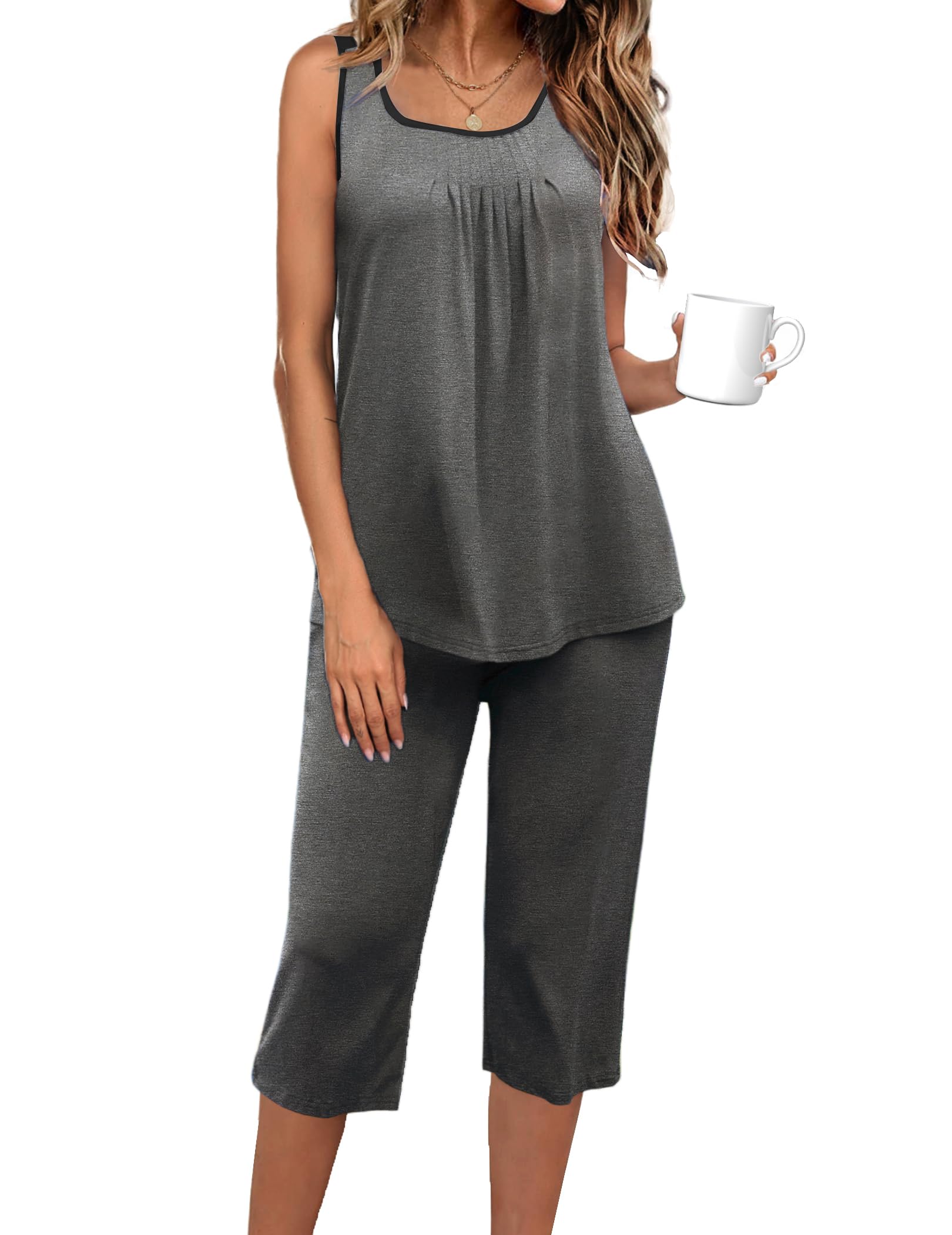 Ekouaer Capri Pajama Sets for Women 2 Piece Soft Cute Pjs Round Neck Sleeveless Lounge Set for Summer Sleepwear Dark Grey M