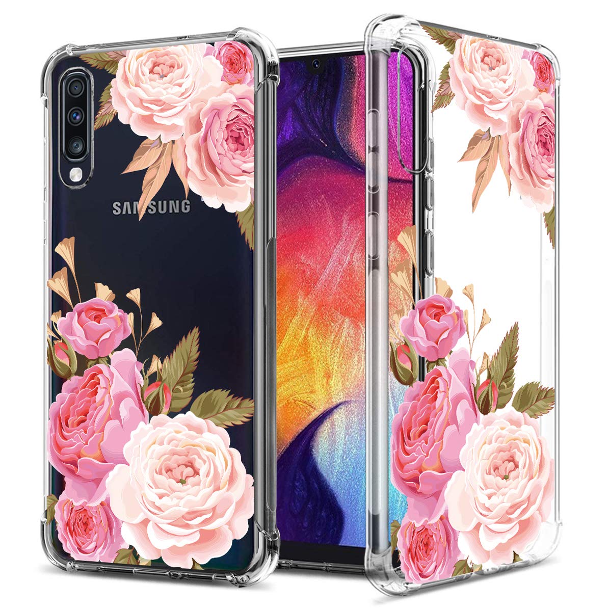 GREATRULY Floral Clear Case for Galaxy A50 for Women Girls,Pretty Phone Case for Samsung Galaxy A50 (2019),Flower Design Transparent Slim Soft Drop Proof TPU Bumper Cushion Silicone Cover Shell,FL-K