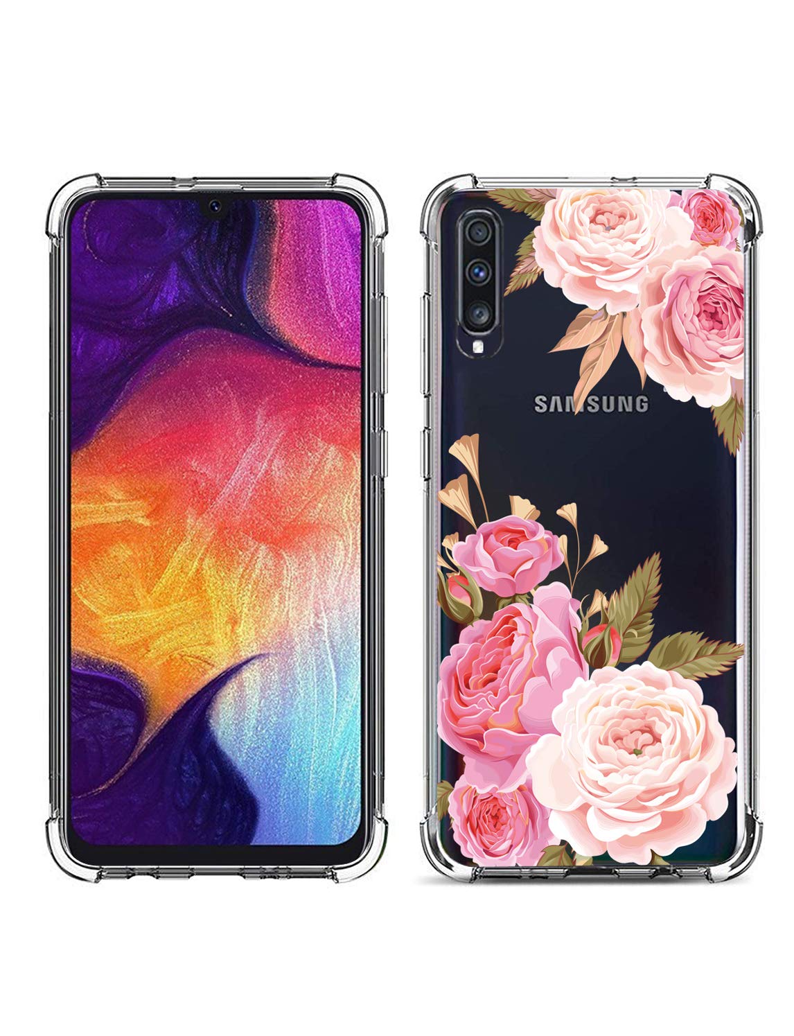 GREATRULY Floral Clear Case for Galaxy A50 for Women Girls,Pretty Phone Case for Samsung Galaxy A50 (2019),Flower Design Transparent Slim Soft Drop Proof TPU Bumper Cushion Silicone Cover Shell,FL-K