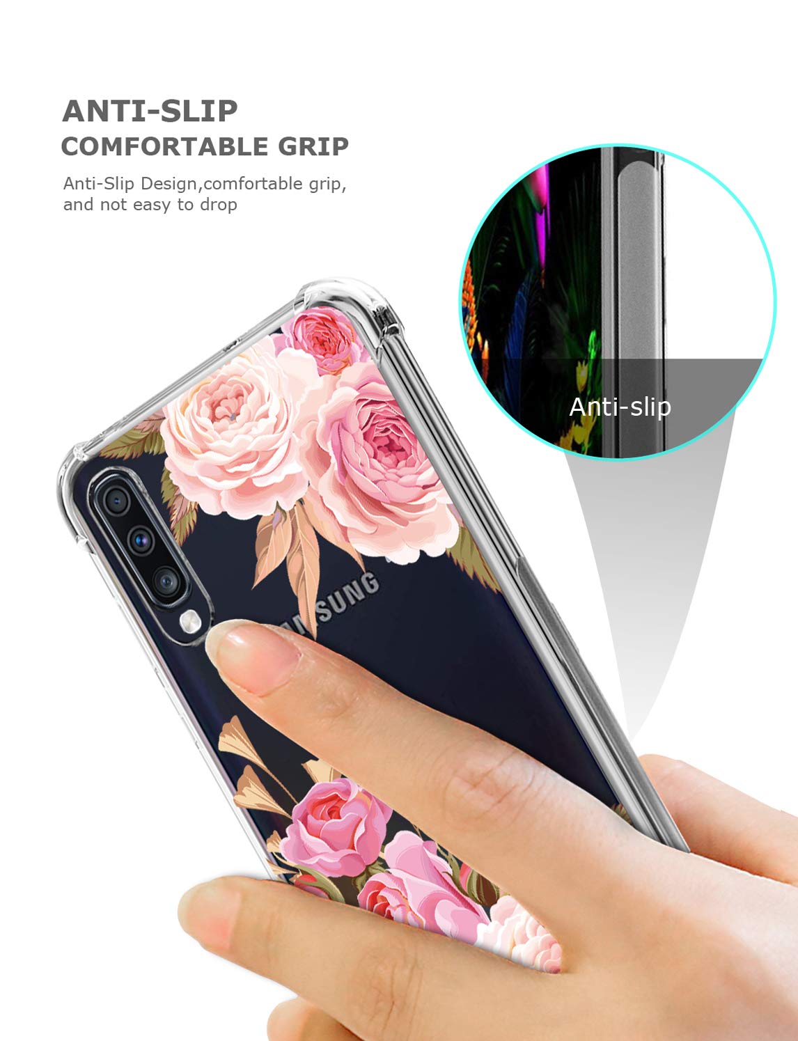 GREATRULY Floral Clear Case for Galaxy A50 for Women Girls,Pretty Phone Case for Samsung Galaxy A50 (2019),Flower Design Transparent Slim Soft Drop Proof TPU Bumper Cushion Silicone Cover Shell,FL-K