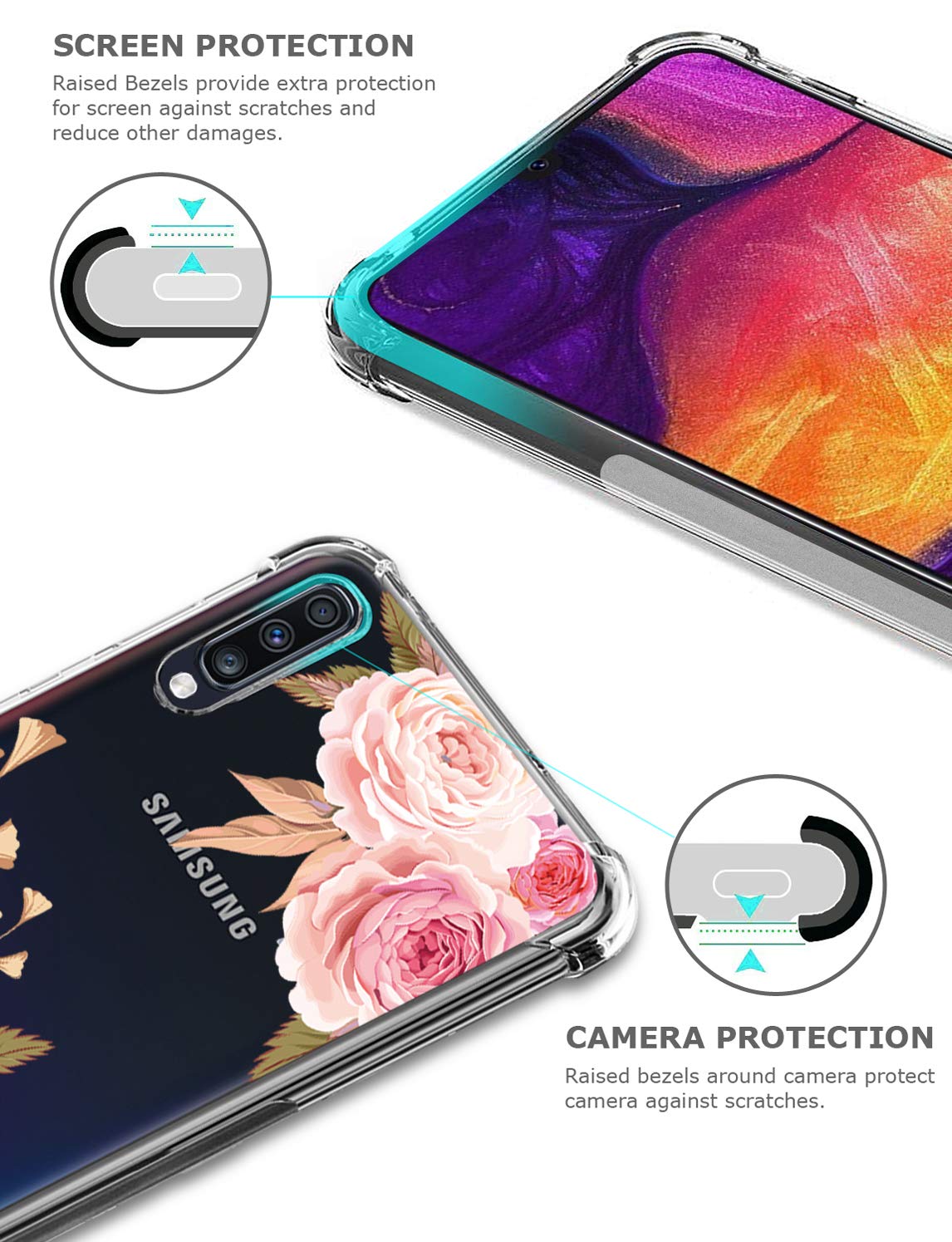 GREATRULY Floral Clear Case for Galaxy A50 for Women Girls,Pretty Phone Case for Samsung Galaxy A50 (2019),Flower Design Transparent Slim Soft Drop Proof TPU Bumper Cushion Silicone Cover Shell,FL-K