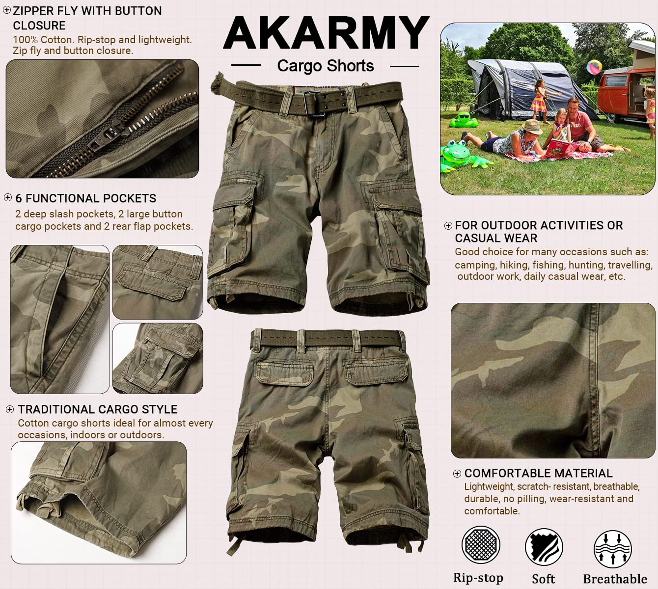 AKARMY Men's Casual Multi Pocket Outdoor Camouflage Shorts Twill Camo Cargo Shorts 8066 C34 Retro Camo(No Belt) 34