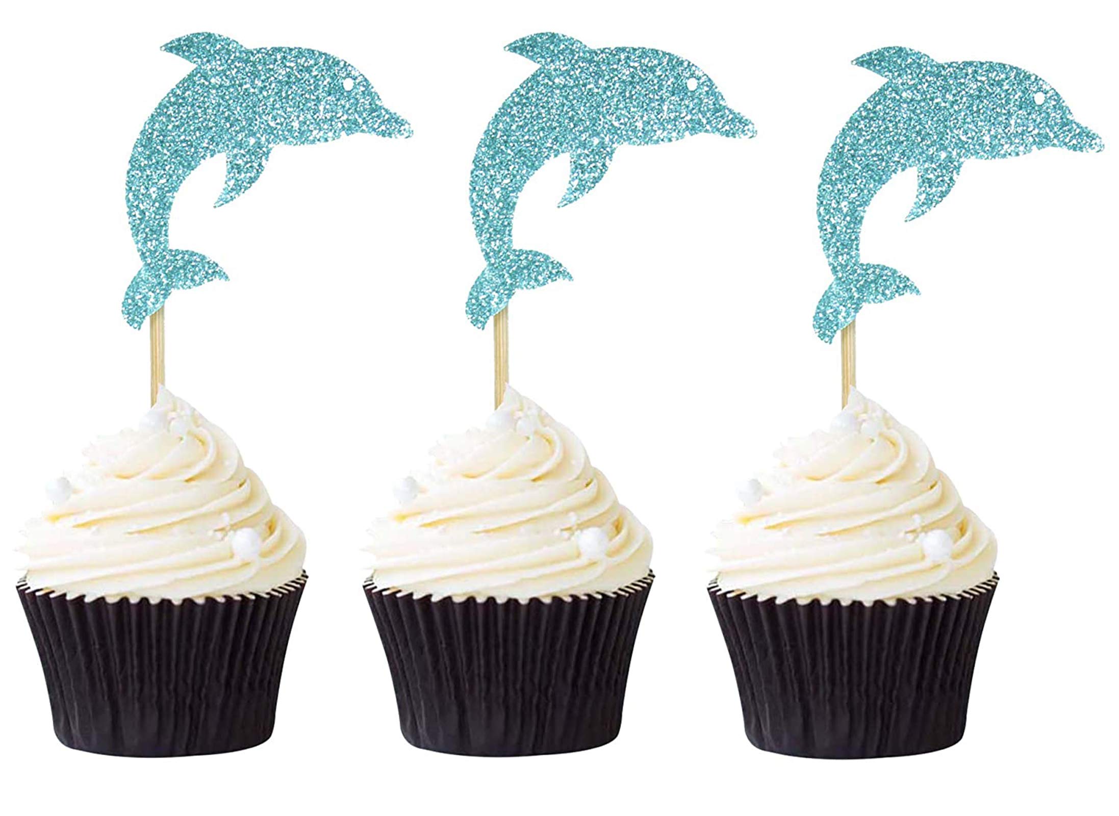 Pack of 24 Glitter Blue Dolphin Cupcake Toppers Sea Theme Cupcake Picks Baby Shower Birthday Party Decoration Supplies