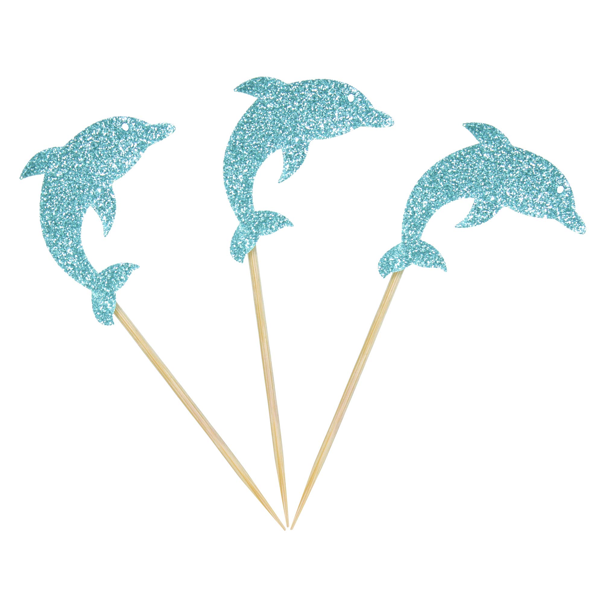 Pack of 24 Glitter Blue Dolphin Cupcake Toppers Sea Theme Cupcake Picks Baby Shower Birthday Party Decoration Supplies