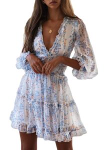 dokotoo womens sun casual v neckline long sleeve open back floral print mini dress bohemian fashion skater a line ruffle hem flowy dresses white large