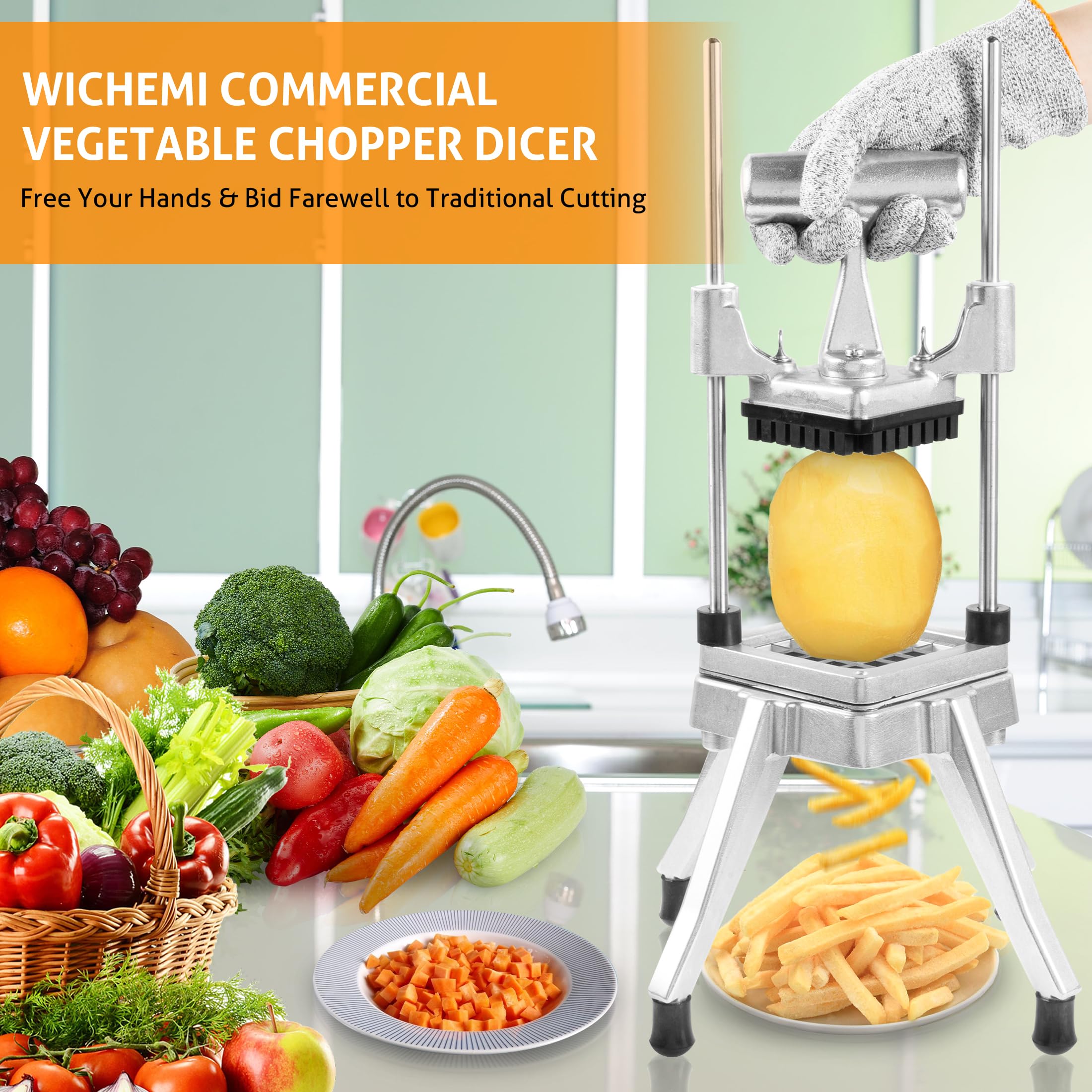 WICHEMI Commercial Vegetable Chopper Dicer Commercial Onion Dicer Cutter Stainless Steel Vegetable Fruit Chopper French Fry Cutter Heavy Duty Food Dicer Chopper for Potatoes Peppers Mushrooms (3/8")