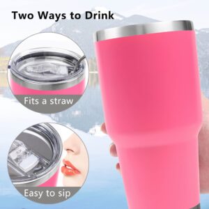 Toopify 30 oz Stainless Steel Insulated Tumbler Travel Mug with Straw Slider Lid, Cleaning Brush, Double Wall Vacuum (Hot Pink)