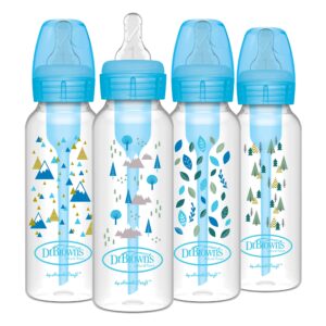 Dr. Brown's Natural Flow Anti-Colic Options+ Narrow Baby Bottle, Blue Nature, 8 oz/250 mL, with Level 1 Slow Flow Nipples, 0m+, 4 count (Pack of 1)