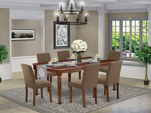 east west furniture doab7-mah-18 7 piece dining set consist of a rectangle dining room table with butterfly leaf and 6 coffee linen fabric upholstered chairs, 42x78 inch, mahogany