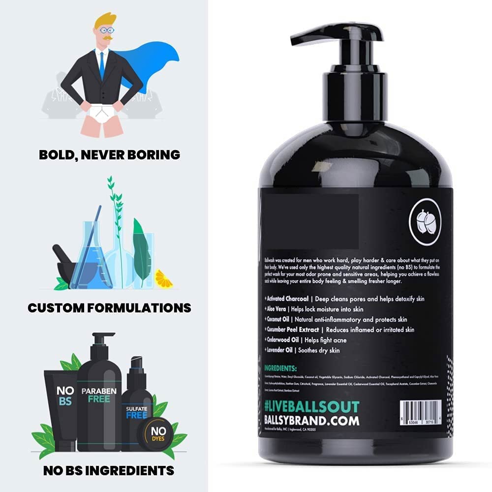 Ballsy Ballwash Charcoal Body Wash for Men - Moisturizing Men’s Bodywash with Coconut Oil – Soap for Men & Great for your Most Intimate Areas, 16 Oz with Pump