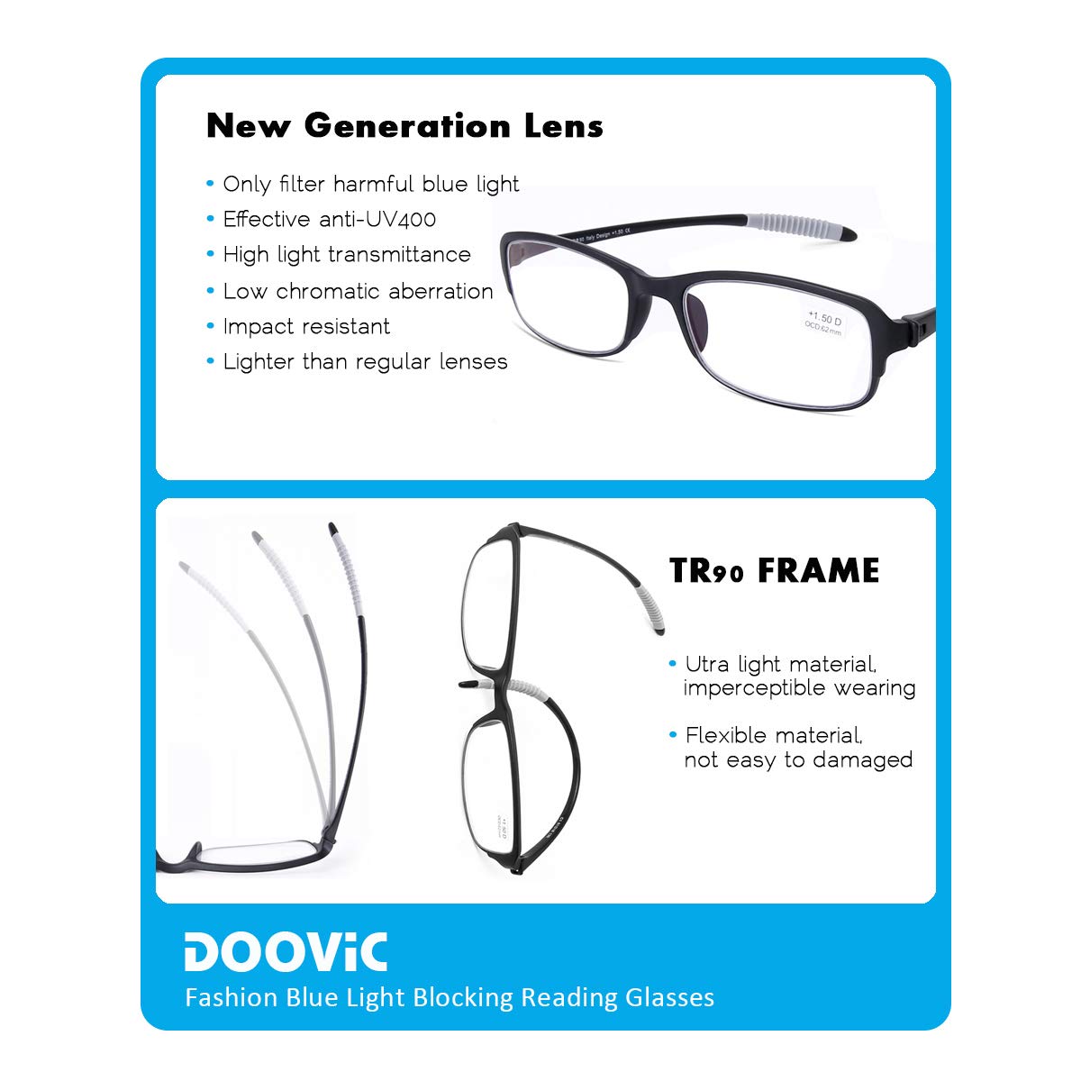 DOOViC 4 Pack Computer Reading Glasses Blue Light Blocking Anti Eyestrain Flexible Lightweight Readers for Women Men 1.75 Strength