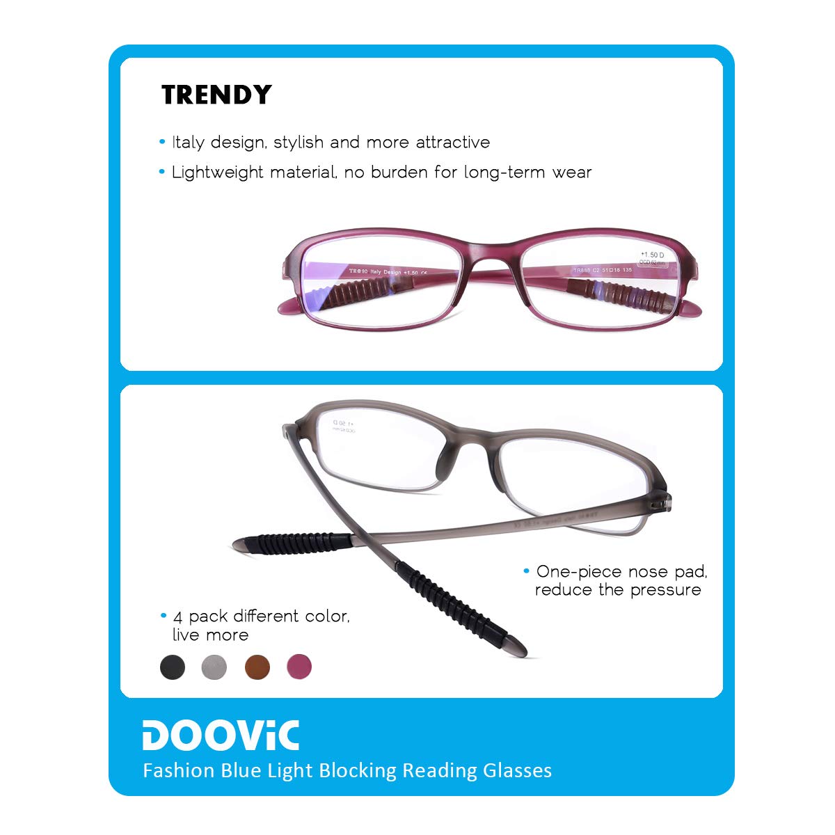 DOOViC 4 Pack Computer Reading Glasses Blue Light Blocking Anti Eyestrain Flexible Lightweight Readers for Women Men 1.75 Strength