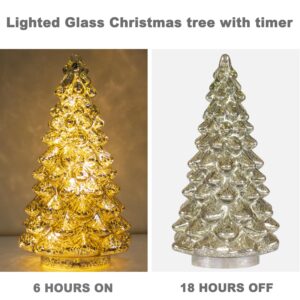 KI Store Lighted Glass Christmas Tree Figurine with Timer Set of 3 Mercury Glass Christmas Decoration Battery Operated for Centerpieces Window Tabletop Mantel