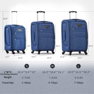 Merax Softside Luggage Set Softshell Lightweight 3 Piece Spinner Suitcase 22" 26" 30" Blue