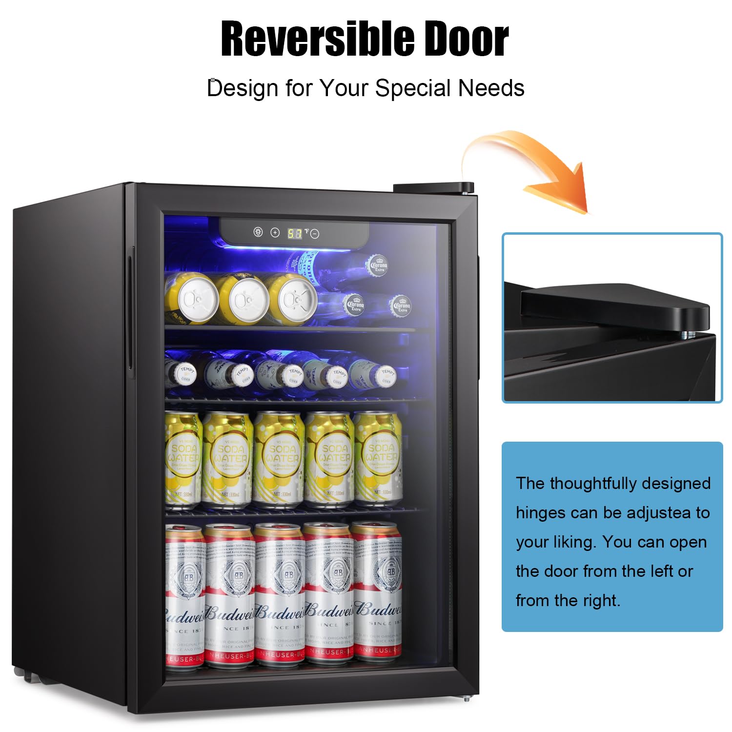 Antarctic Star Beverage Refrigerator Cooler-85 Can Mini Fridge Glass Door for Soda Beer Wine Stainless Steel Glass Door Small Drink Dispenser Digital Display for Home, Office Bar,2.4cu.ft