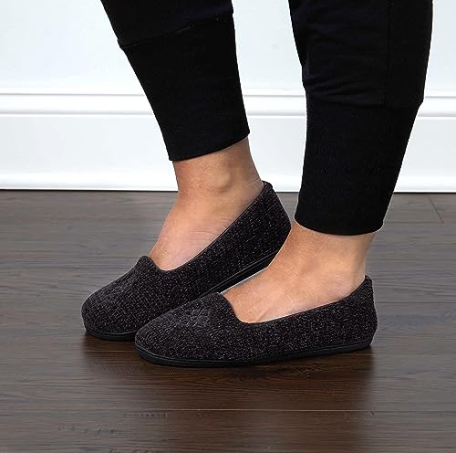 Dearfoams Women's Rebecca Lightweight Cozy Memory Foam Closed Back Slipper with Wide Widths, Black Chenille, 7-8