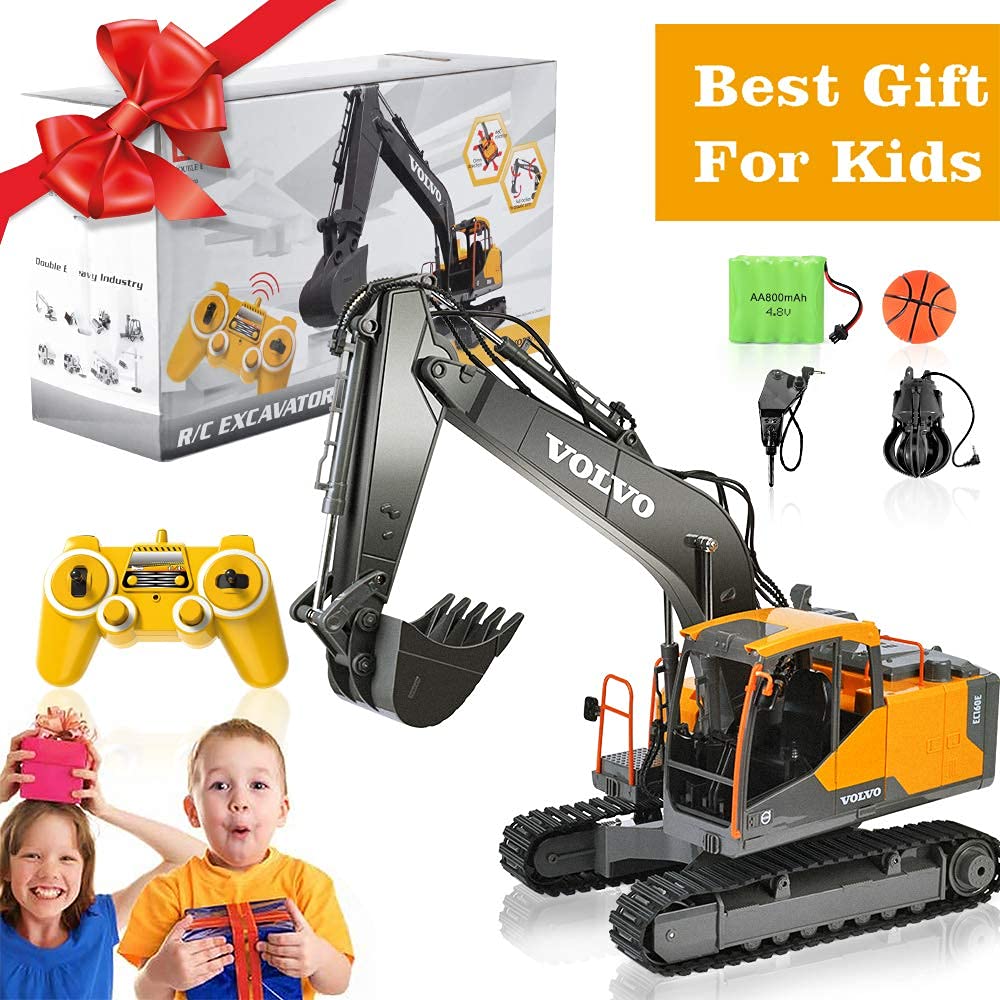 DOUBLE E Volvo RC Excavator 17 Channel 3 in 1 Construction Toys, 17 Channel Remote Control Vehicles Tractor Sandbox Toys Digger with Metal Shovel Drill Grab RC Truck for Kids Adults