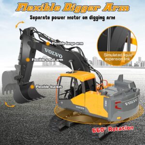 DOUBLE E Volvo RC Excavator 17 Channel 3 in 1 Construction Toys, 17 Channel Remote Control Vehicles Tractor Sandbox Toys Digger with Metal Shovel Drill Grab RC Truck for Kids Adults