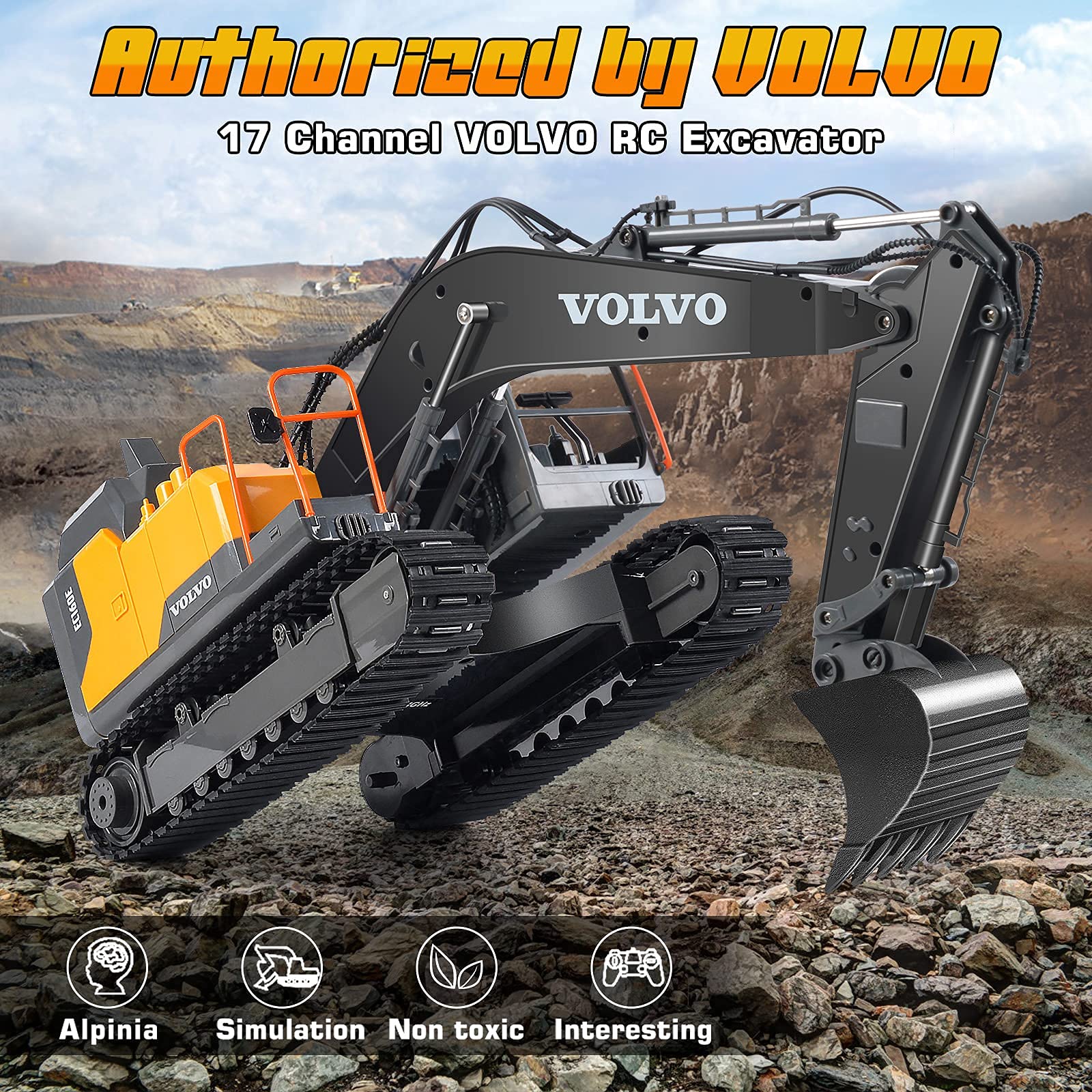 DOUBLE E Volvo RC Excavator 17 Channel 3 in 1 Construction Toys, 17 Channel Remote Control Vehicles Tractor Sandbox Toys Digger with Metal Shovel Drill Grab RC Truck for Kids Adults