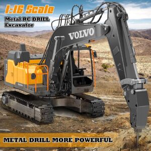 DOUBLE E Volvo RC Excavator 17 Channel 3 in 1 Construction Toys, 17 Channel Remote Control Vehicles Tractor Sandbox Toys Digger with Metal Shovel Drill Grab RC Truck for Kids Adults