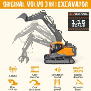 DOUBLE E Volvo RC Excavator 17 Channel 3 in 1 Construction Toys, 17 Channel Remote Control Vehicles Tractor Sandbox Toys Digger with Metal Shovel Drill Grab RC Truck for Kids Adults