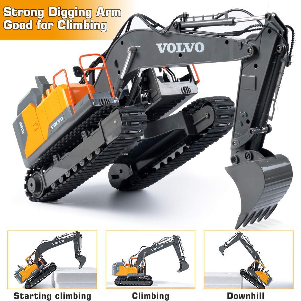 DOUBLE E Volvo RC Excavator 17 Channel 3 in 1 Construction Toys, 17 Channel Remote Control Vehicles Tractor Sandbox Toys Digger with Metal Shovel Drill Grab RC Truck for Kids Adults