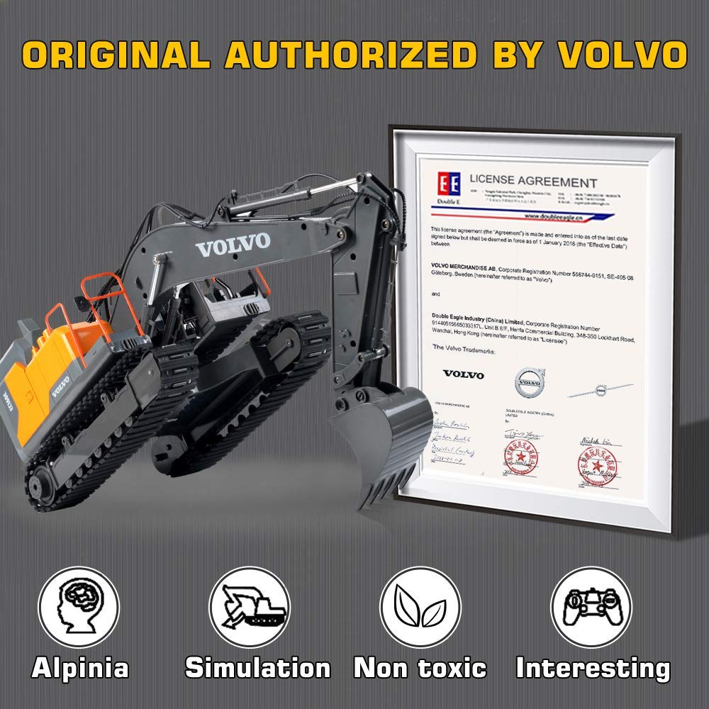 DOUBLE E Volvo RC Excavator 17 Channel 3 in 1 Construction Toys, 17 Channel Remote Control Vehicles Tractor Sandbox Toys Digger with Metal Shovel Drill Grab RC Truck for Kids Adults