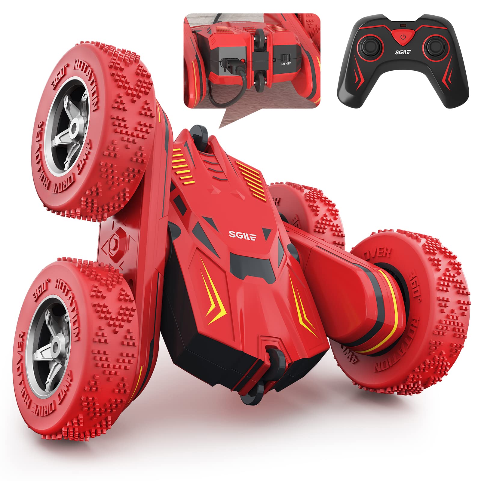 SGILE RC Stunt Car Toy Gift, 4WD Remote Control Car with 2 Sided 360 Rotating Rc Car for Kids Girls Boys Age 6 7 8 12, Red