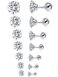 tornito 7 pairs 20g stainless steel stud earrings round cubic zirconia barbell earring set for men women 2mm-8mm silver tone