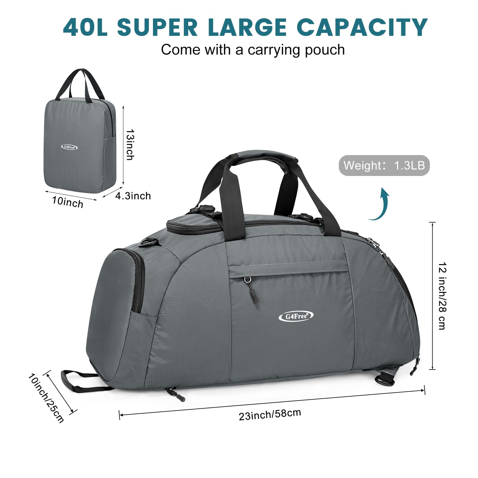 G4Free 40L 3-Way Duffle Bag Backpack Gym Bag for Men Women Sports Duffel Bag with Shoe Compartment Travel Backpack Luggage